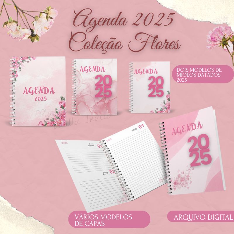 Agenda 2025 Tema Flores arquivo digital Planeje e Organize